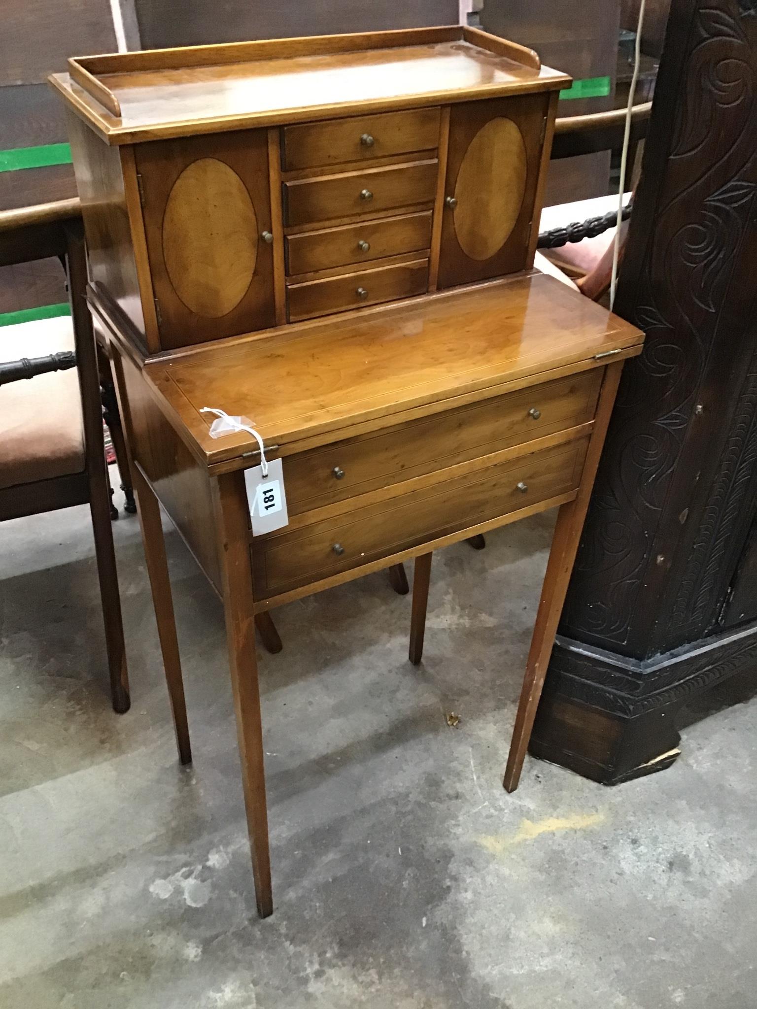 A small reproduction Sheraton style yew bonheur du jour width 48cm, depth 35cm, height 102cm.